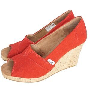 TOMS Red Peep Toe Cork Wedge Heels, Size 7